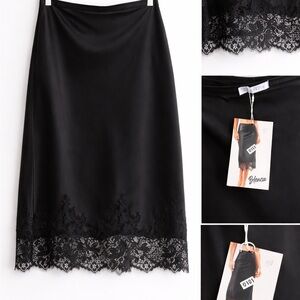 Black Lace-Hem Satin Midi Slip Skirt by
